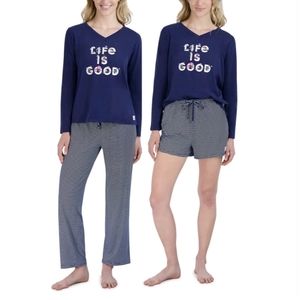 LIFE IS GOOD Ladies 3 Piece PJ Set Pajamas Navy Stripe Flowers Size XL NWT